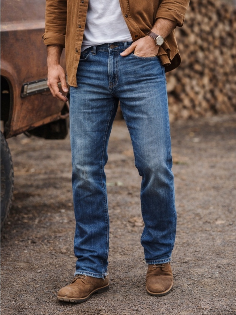 Lucky Brand 363 Vintage Straight Jeans Mens 34x32 Medium Wash Distressed Hem